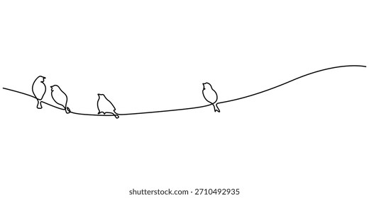 Pájaros Abstractas en ramas continuas dibujando una línea. Siluetas de pájaros de pájaros una línea de arte. Ilustración vectorial para el cartel mínimo, Pájaro encaramado en la rama Minimalista Line Art, Pájaros en la parte posterior de la rama