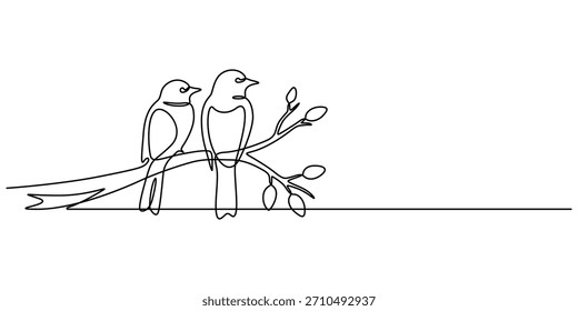 Pájaros Abstractas en ramas continuas dibujando una línea. Siluetas de pájaros de pájaros una línea de arte. Ilustración vectorial para el cartel mínimo, Pájaro encaramado en la rama Minimalista Line Art, Pájaros en la parte posterior de la rama