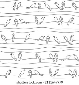 Abstract birds on branches seamless pattern in continuous one line drawing style. Birds on wire background in black and white, modern vector illustration for textile, fabric, wallpaper