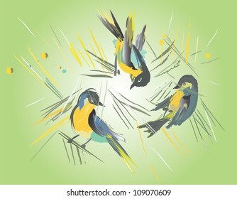 Abstract birds on colorful green background with rays
