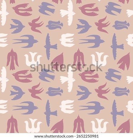 Abstract birds seamless pattern. Flying Scandinavian dove and swallow bird silhouettes for textiles, wallpapers, and home decor designs. Minimal vector background illustration.