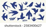 Abstract birds. Simple bird silhouettes, minimalistic hand drawn folk decorative birdy elements and organic shapes for pattern sticker print design. Vector isolated set