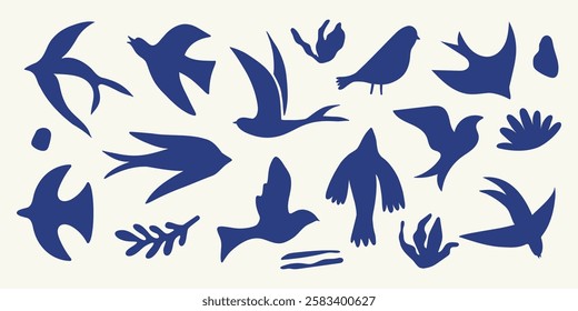 Abstract birds. Simple bird silhouettes, minimalistic hand drawn folk decorative birdy elements and organic shapes for pattern sticker print design. Vector isolated set