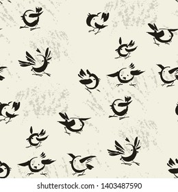 Abstract birds sketch vector seamless pattern. Sparrows in flight grunge style doodles. Minimalist ornithology background. Black paint brush strokes chickadees backdrop. Wallpaper, textile print  
