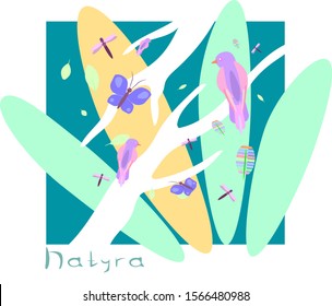 Abstract birds with white trees and butterflies.