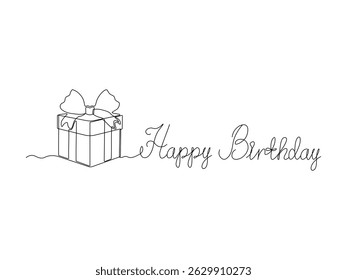 Abstract Birthday card with inscription and gift box with bow, continuous single one line art drawing sketch, logo