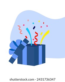 caja de regalo de cumpleaños abstracta confeti estética azul brillante decoración plana festiva kado cielo