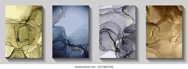 Abstract birthday greeting card backgrounds vector bundle. Marble stone waves texture, foil spatter. Vibrant wedding invitation card backdrops, flyers collection. Flow texture cover pages.