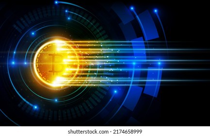 Abstrakte Bitcoin und Coins fallen in futuristischen Licht-out-Technologie-Hintergrund Innovatives Hightech-Kommunikationskonzept, Vektordesign auseinander
