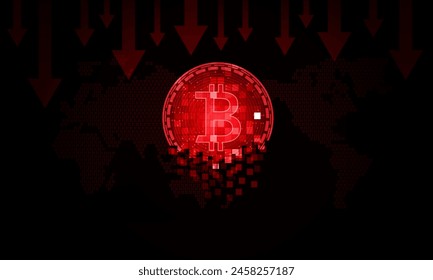 Abstract Bitcoin cracks or decay represent the Downtrend of the Bitcoin Global social network with planet Earth. Internet and technology. International stock exchange., vector design