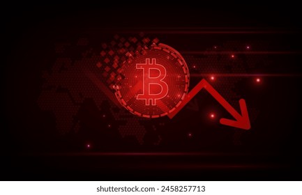 Abstractas grietas o descomposición de Bitcoin representan la tendencia descendente de la red social Bitcoin Global con el planeta Tierra. Internet y tecnología, diseño de Vectores