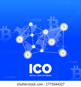 Resumen Bitcoin Crypto Currency Blockchain Tecnología ICO World Map Landing, Banner, vector Fondo de pantalla Ultra HD Ilustración Multipropósito Completamente Editable Fácil de acceder.