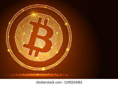 abstract Bitcoin digital currency coin.isolated from low poly wireframe stars background. abstract polygonal image