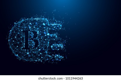Abstract Bitcoin form lines and triangles, point connecting network on blue background. Illustration vector
