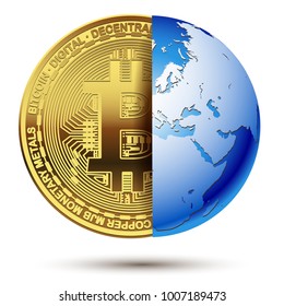 Abstract Bitcoin inside planet Earth. Concept cryptocurrency in the financial world. Banking business. Vector illustration