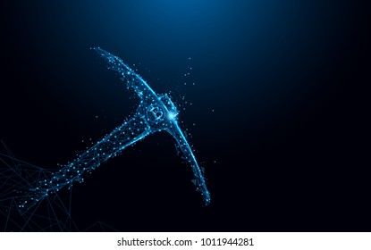 Abstract Bitcoin mining concept with pickaxe and coin form lines and triangles, point connecting network on blue background. Illustration vector