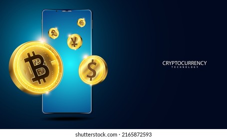 Resumen de la tecnología de bitcoin criptodivisa y teléfono fintech compra y venta operaciones criptográficas Bloque Connect, transmisión de datos, nuevo sistema de tecnología, ilustración Vector.