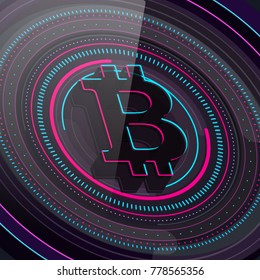 Abstract bitcoin technology HUD symbol, neon colors. Eps 10 vector illustration