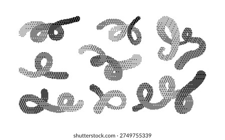 Abstract bitmap effect wavy lines. Pixel fluid shapes set. Black waves pixelated y2k elements for poster banner card. Vector illustration. Retro 8 bit texture concept