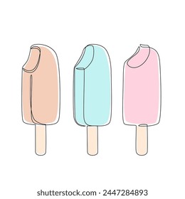 Abstractas helado mordido continuo de una línea conjunto de dibujo aislado sobre fondo blanco. Dibujado a mano de verano frío postre minimalista arte de diseño, concepto de confitería. Ilustración vectorial para los hombres del restaurante