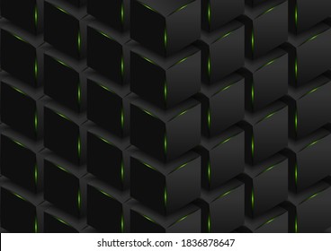 Abstrakte schwarze 3D-Würfel mit grünem Licht, technologischer Hintergrund. Geometrisches Vektordesign