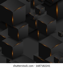 Cubos negros 3d abstractos con fondo tecnológico de luces brillantes de color naranja. Diseño vectorial de geometría