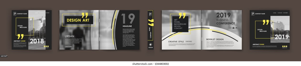 Abstract black A4 brochure cover design. Fancy info banner frame. Modern ad flyer text. Annual report binder. Title sheet model set. Fancy vector front page. City font blurb art. Yellow line figure 