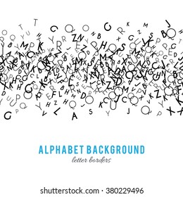 Abstract black alphabet ornament border isolated on white background. Vector illustration for education writing design. Stripe of random letters fly in middle. 
