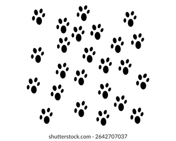 Abstract Black Animal Paw Prints Pattern on White Background, pattern of black animal paw prints scattered randomly on a plain, minimalist design, nature pattern, wildlife, animal, dog, design element