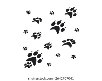 Abstract Black Animal Paw Prints Pattern on White Background, pattern of black animal paw prints scattered randomly on a plain, minimalist design, nature pattern, wildlife, animal, dog, design element