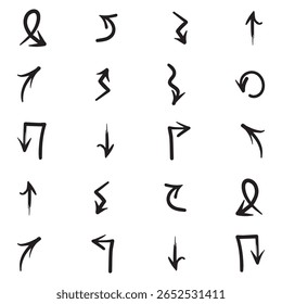 Abstract black arrow art clipart design set. Arrows doodle direction icon and sign pack. New curve design collection and drawn icons. Freehand arrowhead doodle. Eps vector set. 