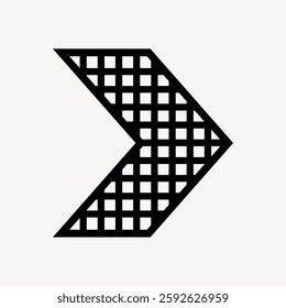 Abstract black arrow design with a grid pattern on a white background. The arrow points right, featuring a geometric, grid-like pattern in black. Isolated vector element.