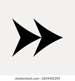 Abstract black arrow design with two overlapping arrows pointing right. Minimalist arrow symbol on a light background. Simple, bold, and modern arrow graphic. Design element vector.