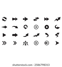 abstract black arrow icon set sign symbol design with isolated on white background vector illustration art. back right left forwarding arrows direction button-simple eps 10 graphics collection. 