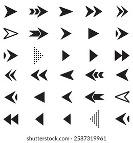 abstract black arrow icon set sign symbol design with isolated on white background vector illustration art. back right left forwarding arrows direction button-simple eps 10 graphics collection. 