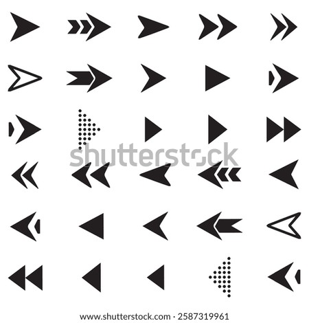 abstract black arrow icon set sign symbol design with isolated on white background vector illustration art. back right left forwarding arrows direction button-simple eps 10 graphics collection. 