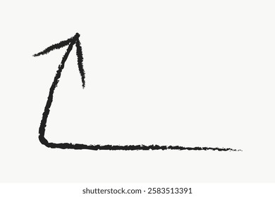 Abstract black arrow on white background, pointing upwards. Simple, bold design. Arrow in black, minimalistic style. Upward arrow, black and white theme. Black doodle arrow illustration vector.