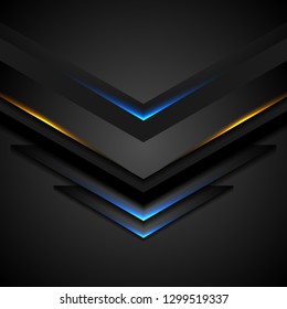 Resumen de flechas negras con luz azul naranja brillante. Diseño de tecnología de vectores