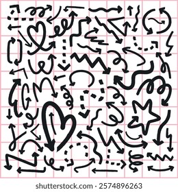 Abstract black arrows and doodles on a grid background. Arrows and doodles create a chaotic pattern. Arrows and doodles in various shapes and directions. Element vector set.