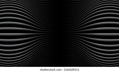 Abstract black background with 3D lines pattern, symmetrical minimal dark striped vector background illustration for business presentation, neumorphism design.