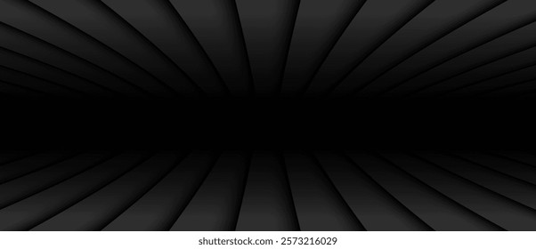 Abstract black background with 3d lines pattern, symmetrical architecture minimal striped vector background for business presentation.