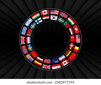 Abstract black background with 3d lines pattern and ring with flags circle, international business background vector 3d design.