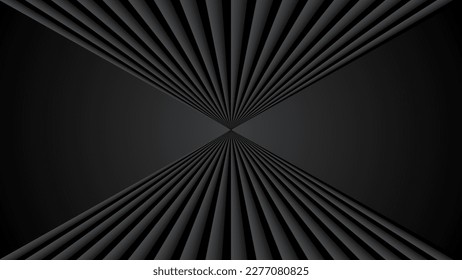 Abstract black background with 3d radial lines pattern, architecture minimal dark gray striped vector background illustration for business presentation, 3d architectural perspective design.