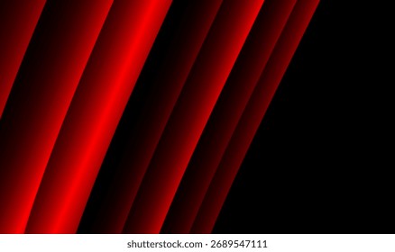 Abstract black background with angled red gradient stripes resembling glowing tubes. Futuristic geometric design for banners, posters, and digital templates.