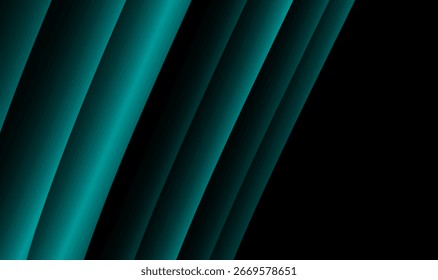 Fundo preto abstrato com listras de gradiente azul-petróleo inclinadas que se assemelham a tubos brilhantes. Design geométrico futurista para banners, cartazes e modelos digitais.