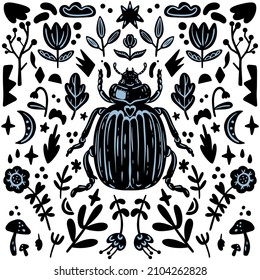 Abstract black and with background with beetle and plants. Background in minimalistic style. Editable hand drawn Vector illustration. Perfect for fabric, textile, clothing, wrapping paper, wallpaper