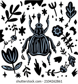 Abstract black and with background with beetle and plants. Background in minimalistic style. Editable hand drawn Vector illustration. Perfect for fabric, textile, clothing, wrapping paper, wallpaper