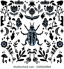 Abstract black and with background with beetle and plants. Background in minimalistic style. Editable hand drawn Vector illustration. Perfect for fabric, textile, clothing, wrapping paper, wallpaper