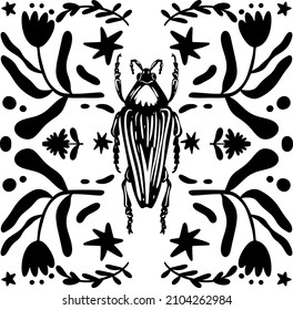 Abstract black and with background with beetle and plants. Background in minimalistic style. Editable hand drawn Vector illustration. Perfect for fabric, textile, clothing, wrapping paper, wallpaper