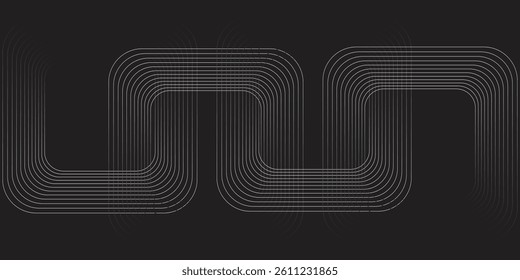 Abstract black background with blue glowing diagonal geometric lines. Modern shiny white rounded rectangle lines pattern. Minimalist graphic design. Futuristic technology concept.